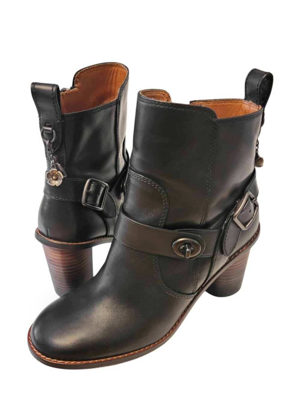 Coach Leather Moto Turnlock Charm Ankle Boots